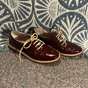 Halogen Maroon Patent Leather Loafers with Beige Laces